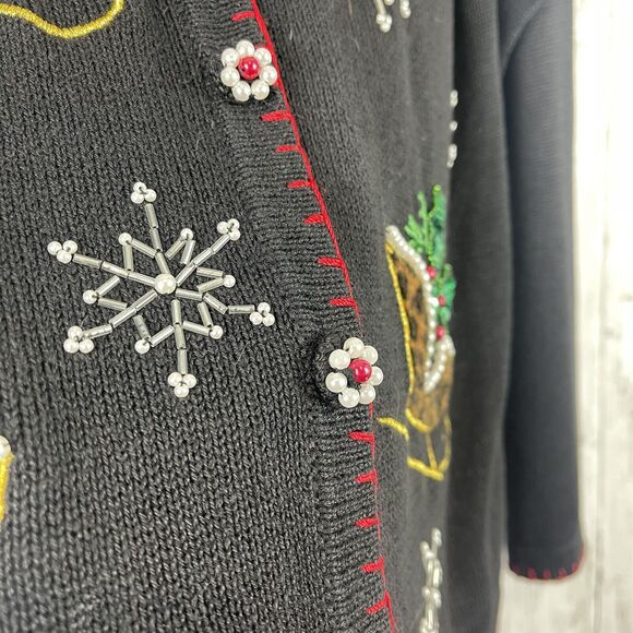 BP Design Ugly Christmas Sweater Cardigan Beaded Sz S Black Sequin Sleds Holiday - Picture 5 of 9